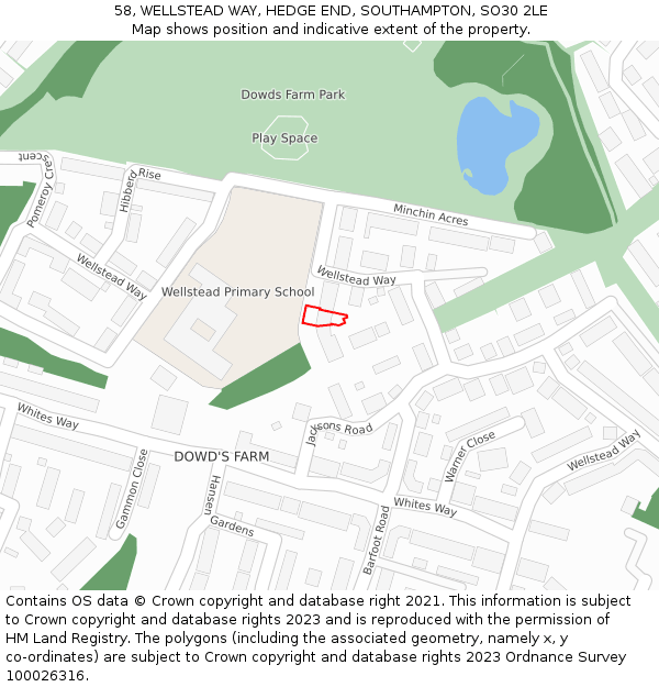 58, WELLSTEAD WAY, HEDGE END, SOUTHAMPTON, SO30 2LE: Location map and indicative extent of plot