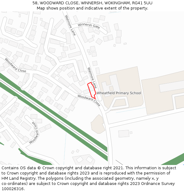 58, WOODWARD CLOSE, WINNERSH, WOKINGHAM, RG41 5UU: Location map and indicative extent of plot