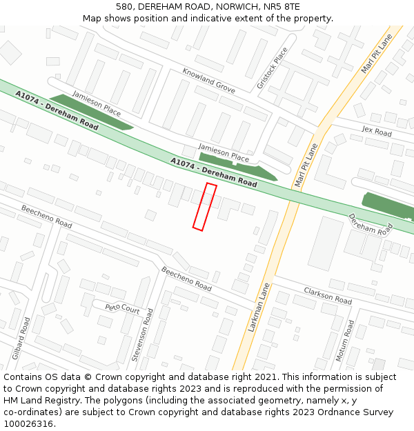 580, DEREHAM ROAD, NORWICH, NR5 8TE: Location map and indicative extent of plot
