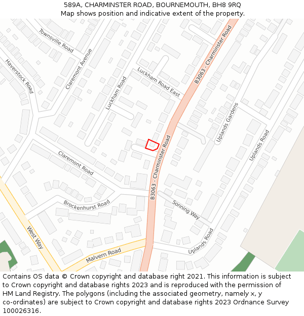589A, CHARMINSTER ROAD, BOURNEMOUTH, BH8 9RQ: Location map and indicative extent of plot