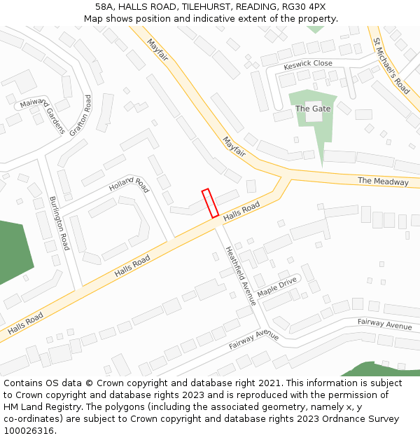 58A, HALLS ROAD, TILEHURST, READING, RG30 4PX: Location map and indicative extent of plot