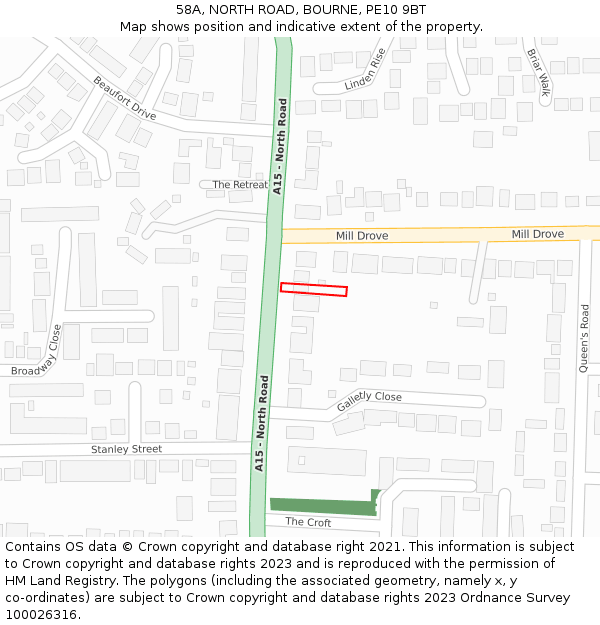 58A, NORTH ROAD, BOURNE, PE10 9BT: Location map and indicative extent of plot