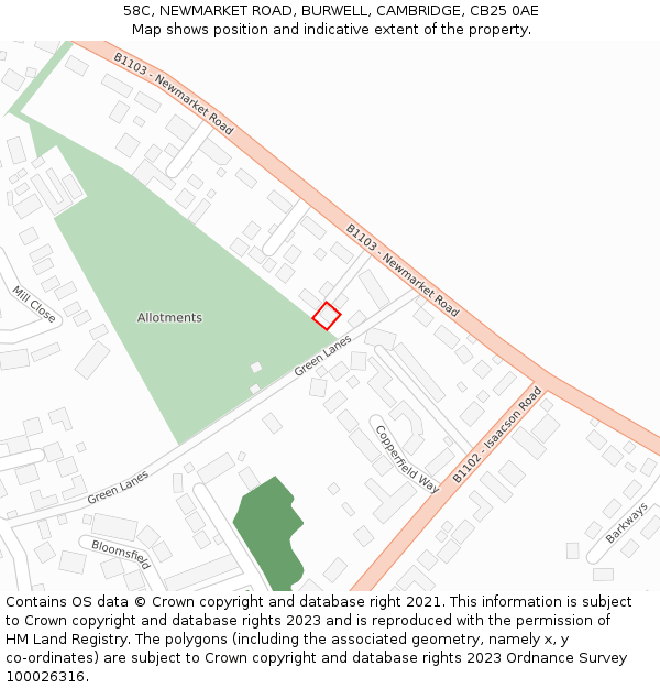 58C, NEWMARKET ROAD, BURWELL, CAMBRIDGE, CB25 0AE: Location map and indicative extent of plot