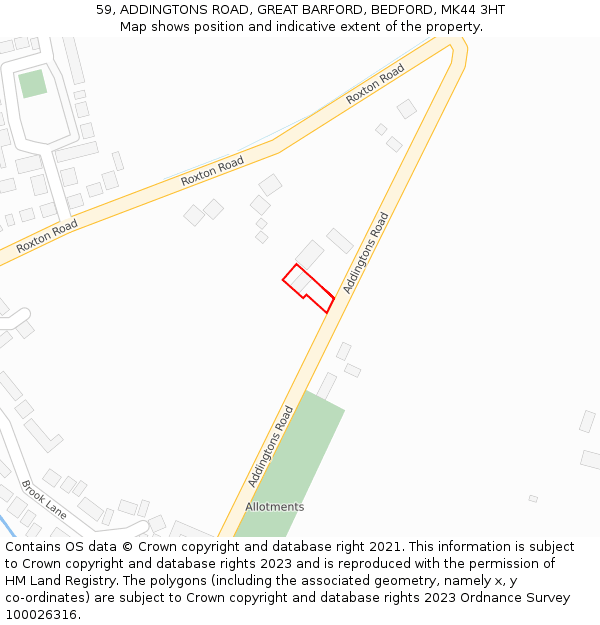 59, ADDINGTONS ROAD, GREAT BARFORD, BEDFORD, MK44 3HT: Location map and indicative extent of plot