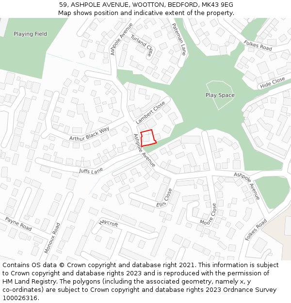 59, ASHPOLE AVENUE, WOOTTON, BEDFORD, MK43 9EG: Location map and indicative extent of plot