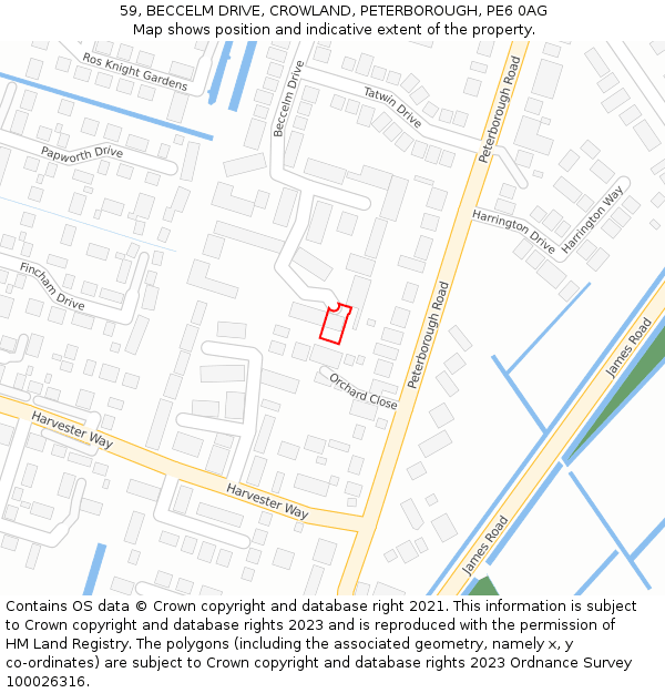 59, BECCELM DRIVE, CROWLAND, PETERBOROUGH, PE6 0AG: Location map and indicative extent of plot