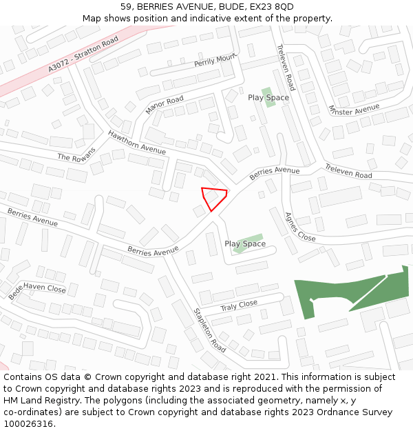 59, BERRIES AVENUE, BUDE, EX23 8QD: Location map and indicative extent of plot