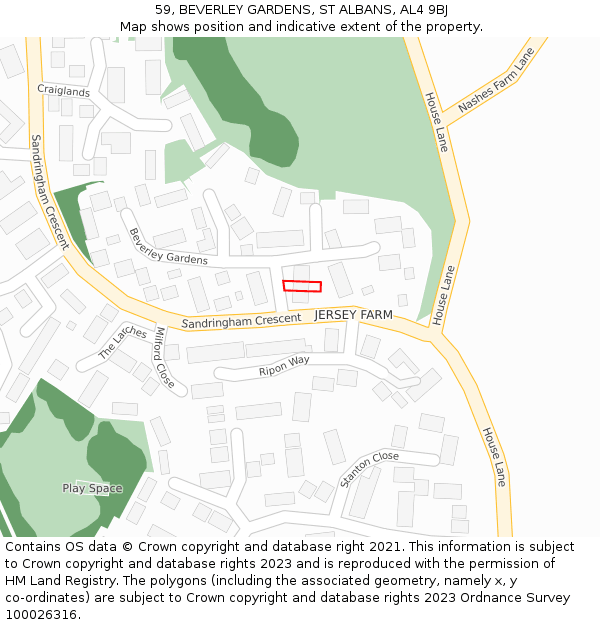 59, BEVERLEY GARDENS, ST ALBANS, AL4 9BJ: Location map and indicative extent of plot