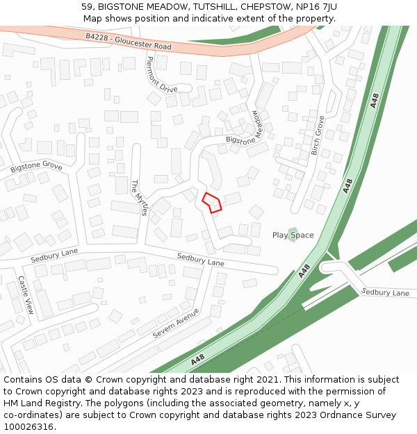 59, BIGSTONE MEADOW, TUTSHILL, CHEPSTOW, NP16 7JU: Location map and indicative extent of plot