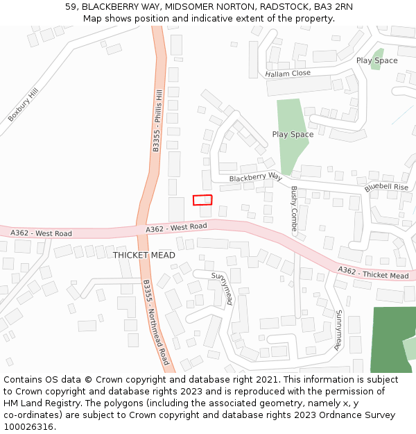 59, BLACKBERRY WAY, MIDSOMER NORTON, RADSTOCK, BA3 2RN: Location map and indicative extent of plot
