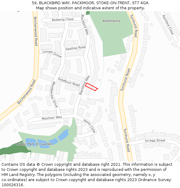 59, BLACKBIRD WAY, PACKMOOR, STOKE-ON-TRENT, ST7 4GA: Location map and indicative extent of plot