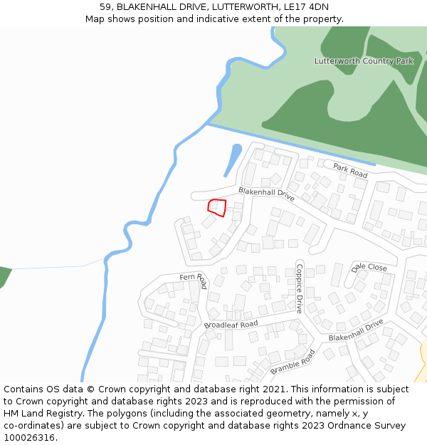 59, BLAKENHALL DRIVE, LUTTERWORTH, LE17 4DN: Location map and indicative extent of plot