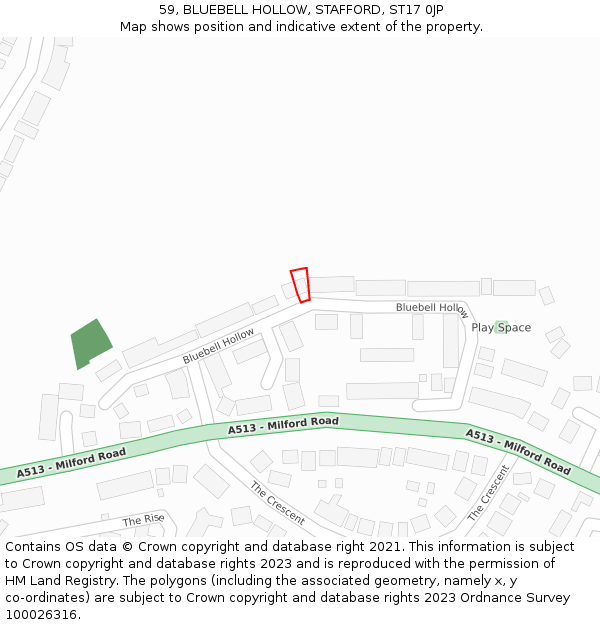 59, BLUEBELL HOLLOW, STAFFORD, ST17 0JP: Location map and indicative extent of plot
