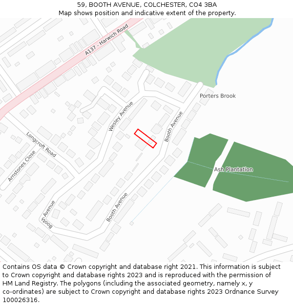 59, BOOTH AVENUE, COLCHESTER, CO4 3BA: Location map and indicative extent of plot
