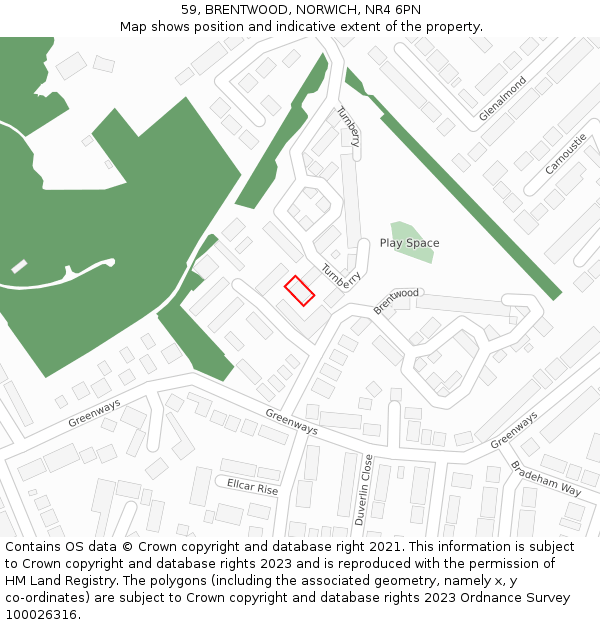 59, BRENTWOOD, NORWICH, NR4 6PN: Location map and indicative extent of plot