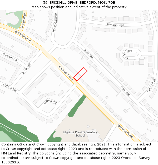 59, BRICKHILL DRIVE, BEDFORD, MK41 7QB: Location map and indicative extent of plot