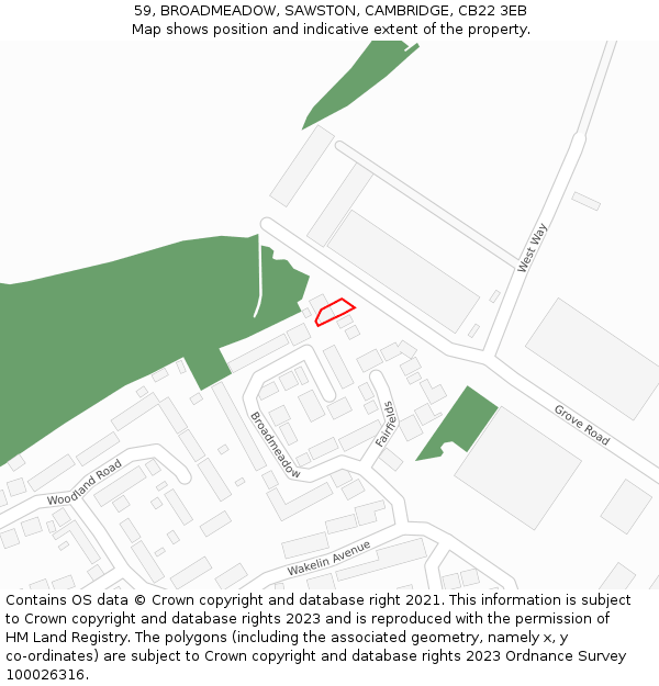 59, BROADMEADOW, SAWSTON, CAMBRIDGE, CB22 3EB: Location map and indicative extent of plot