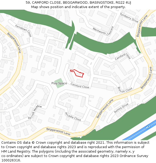 59, CAMFORD CLOSE, BEGGARWOOD, BASINGSTOKE, RG22 4UJ: Location map and indicative extent of plot