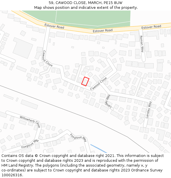 59, CAWOOD CLOSE, MARCH, PE15 8UW: Location map and indicative extent of plot