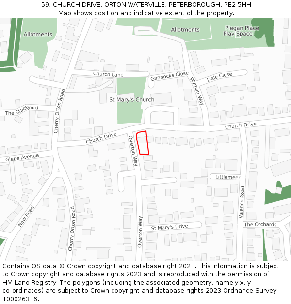 59, CHURCH DRIVE, ORTON WATERVILLE, PETERBOROUGH, PE2 5HH: Location map and indicative extent of plot