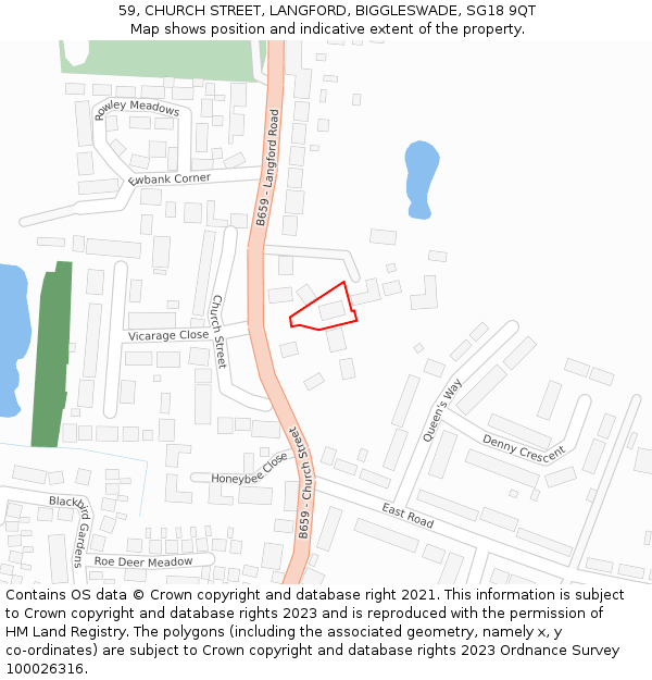 59, CHURCH STREET, LANGFORD, BIGGLESWADE, SG18 9QT: Location map and indicative extent of plot