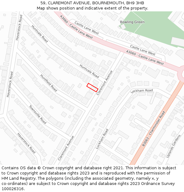 59, CLAREMONT AVENUE, BOURNEMOUTH, BH9 3HB: Location map and indicative extent of plot