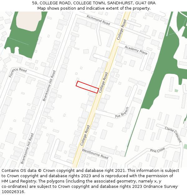 59, COLLEGE ROAD, COLLEGE TOWN, SANDHURST, GU47 0RA: Location map and indicative extent of plot