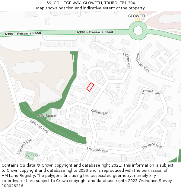 59, COLLEGE WAY, GLOWETH, TRURO, TR1 3RX: Location map and indicative extent of plot