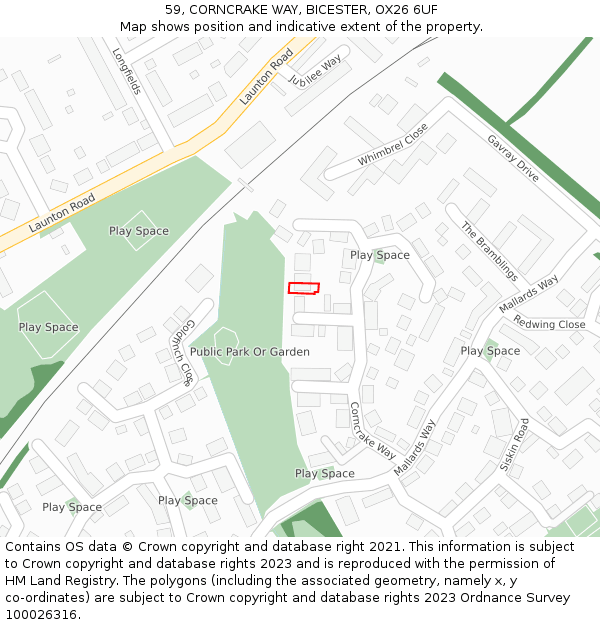 59, CORNCRAKE WAY, BICESTER, OX26 6UF: Location map and indicative extent of plot