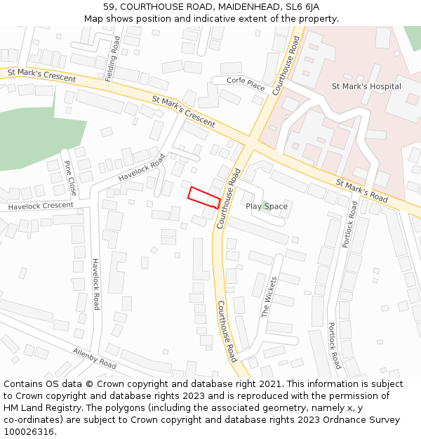 59, COURTHOUSE ROAD, MAIDENHEAD, SL6 6JA: Location map and indicative extent of plot