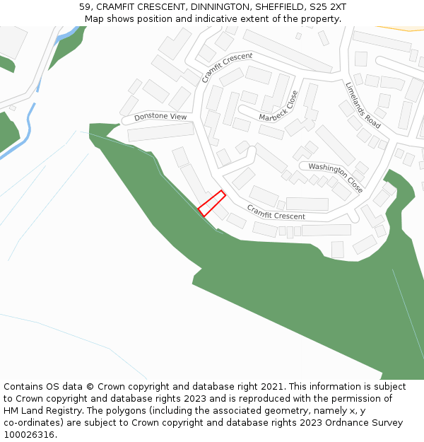 59, CRAMFIT CRESCENT, DINNINGTON, SHEFFIELD, S25 2XT: Location map and indicative extent of plot