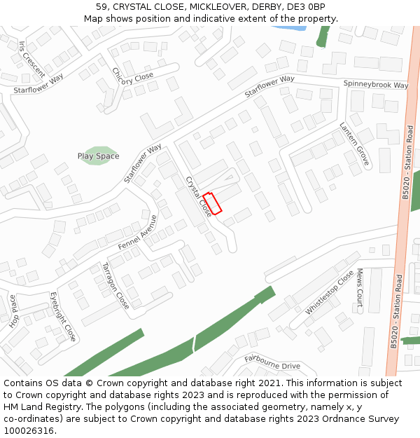 59, CRYSTAL CLOSE, MICKLEOVER, DERBY, DE3 0BP: Location map and indicative extent of plot