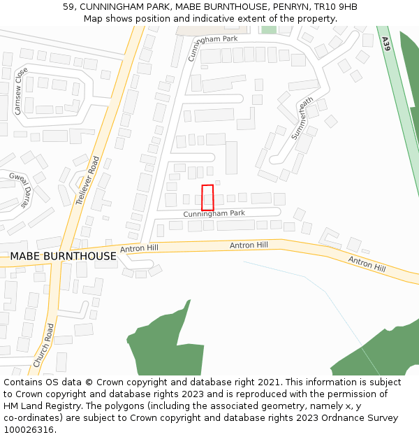 59, CUNNINGHAM PARK, MABE BURNTHOUSE, PENRYN, TR10 9HB: Location map and indicative extent of plot