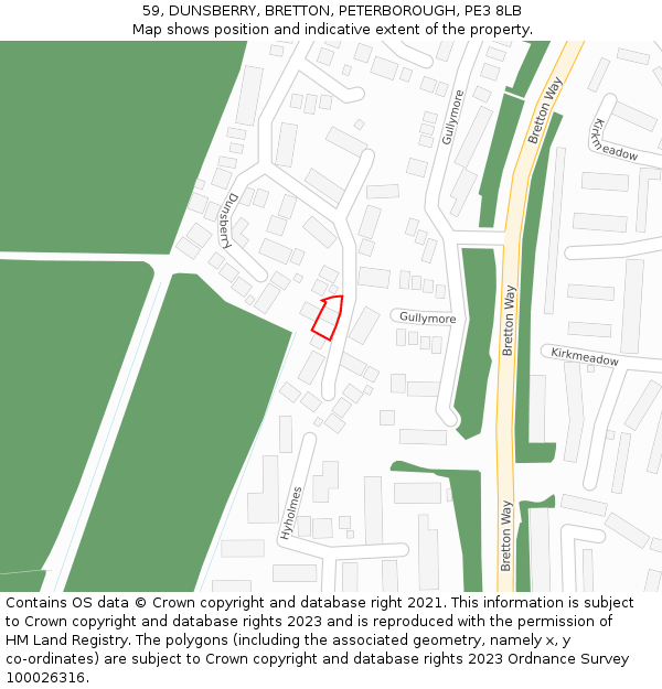 59, DUNSBERRY, BRETTON, PETERBOROUGH, PE3 8LB: Location map and indicative extent of plot