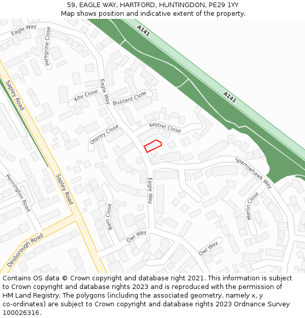 59, EAGLE WAY, HARTFORD, HUNTINGDON, PE29 1YY: Location map and indicative extent of plot