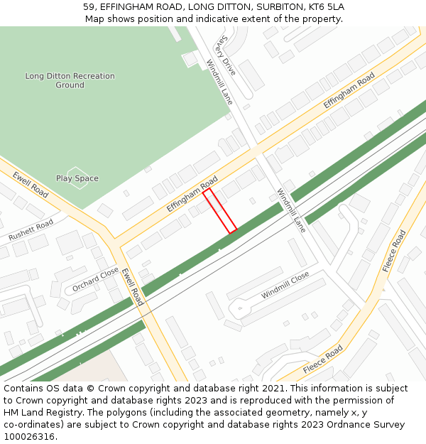 59, EFFINGHAM ROAD, LONG DITTON, SURBITON, KT6 5LA: Location map and indicative extent of plot