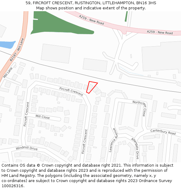 59, FIRCROFT CRESCENT, RUSTINGTON, LITTLEHAMPTON, BN16 3HS: Location map and indicative extent of plot