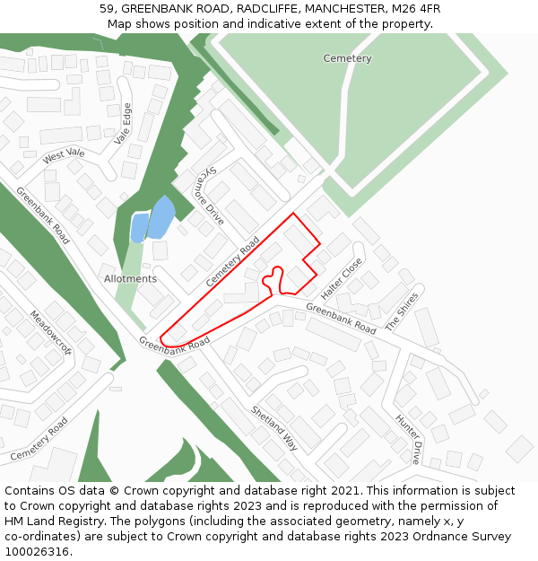 59, GREENBANK ROAD, RADCLIFFE, MANCHESTER, M26 4FR: Location map and indicative extent of plot