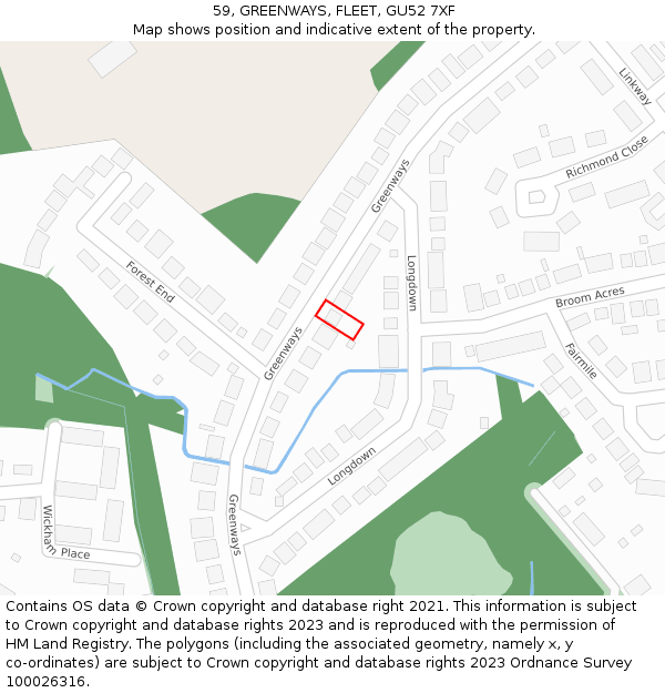 59, GREENWAYS, FLEET, GU52 7XF: Location map and indicative extent of plot