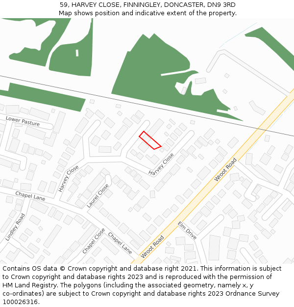 59, HARVEY CLOSE, FINNINGLEY, DONCASTER, DN9 3RD: Location map and indicative extent of plot