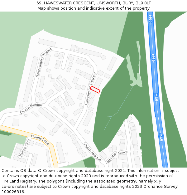 59, HAWESWATER CRESCENT, UNSWORTH, BURY, BL9 8LT: Location map and indicative extent of plot