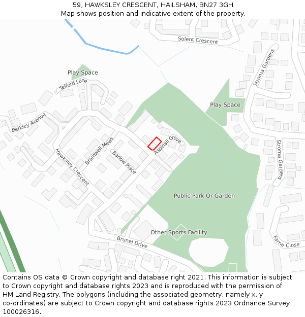 59, HAWKSLEY CRESCENT, HAILSHAM, BN27 3GH: Location map and indicative extent of plot