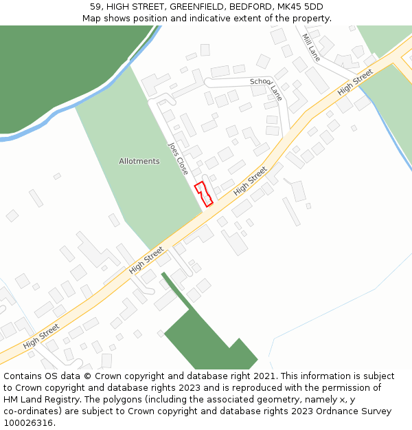 59, HIGH STREET, GREENFIELD, BEDFORD, MK45 5DD: Location map and indicative extent of plot