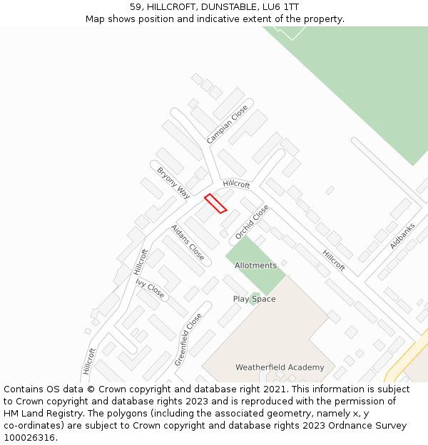59, HILLCROFT, DUNSTABLE, LU6 1TT: Location map and indicative extent of plot