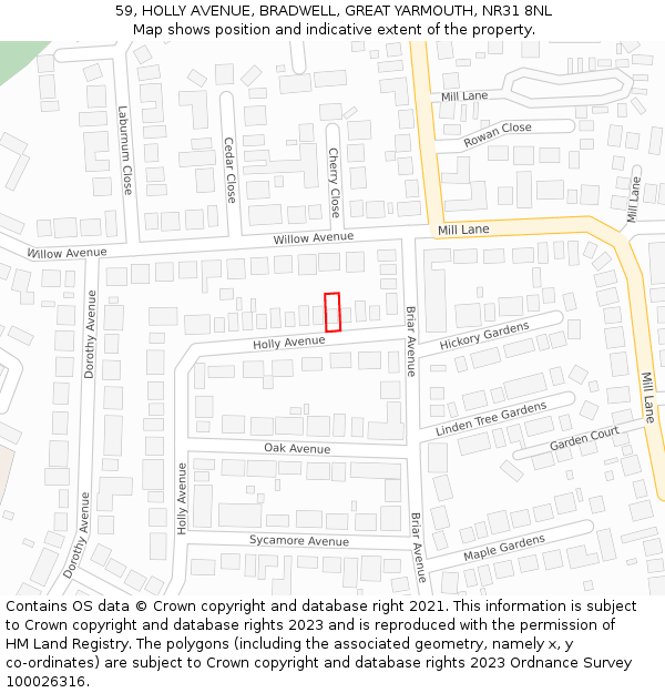 59, HOLLY AVENUE, BRADWELL, GREAT YARMOUTH, NR31 8NL: Location map and indicative extent of plot
