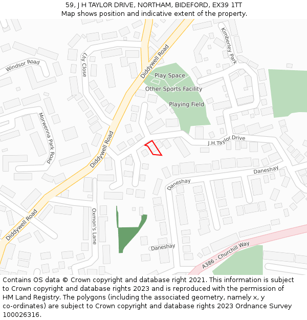 59, J H TAYLOR DRIVE, NORTHAM, BIDEFORD, EX39 1TT: Location map and indicative extent of plot