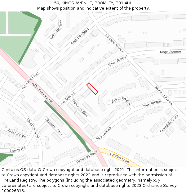 59, KINGS AVENUE, BROMLEY, BR1 4HL: Location map and indicative extent of plot