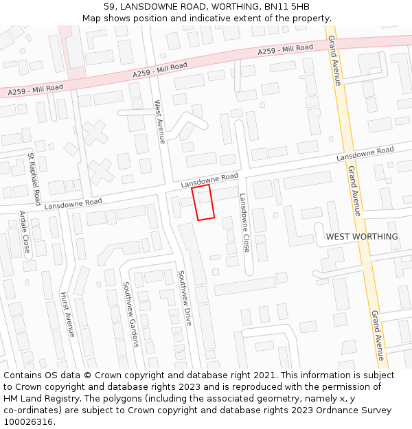 59, LANSDOWNE ROAD, WORTHING, BN11 5HB: Location map and indicative extent of plot
