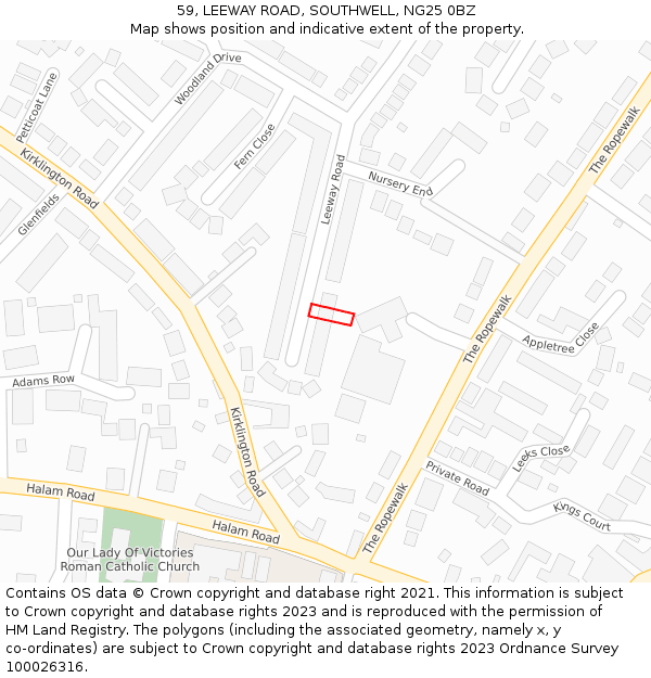 59, LEEWAY ROAD, SOUTHWELL, NG25 0BZ: Location map and indicative extent of plot