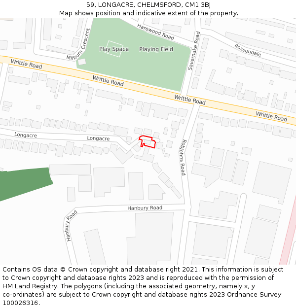 59, LONGACRE, CHELMSFORD, CM1 3BJ: Location map and indicative extent of plot